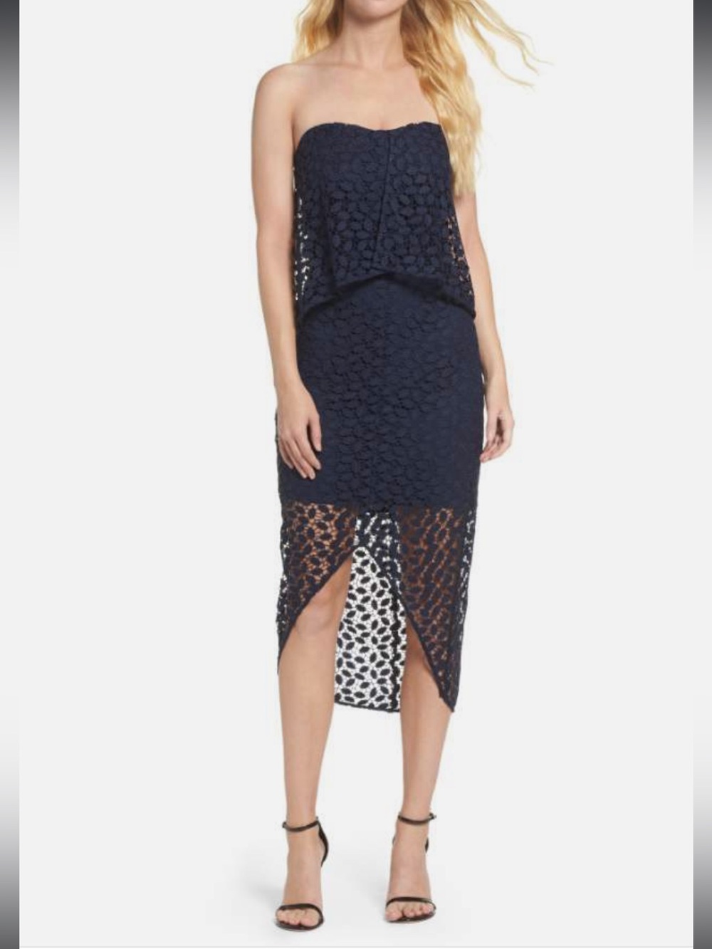 💙Chelsea28 Strapless Navy Blue Lace Dress